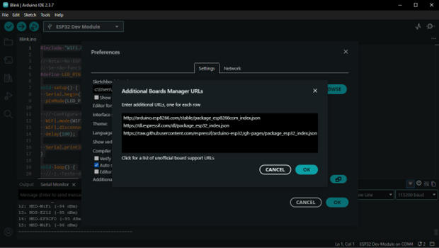 Configuração de URLs no Arduino IDE